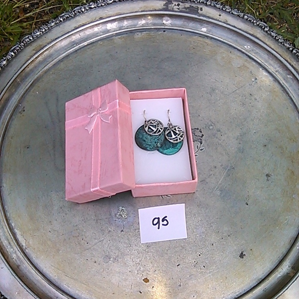 green and silver circle earrings